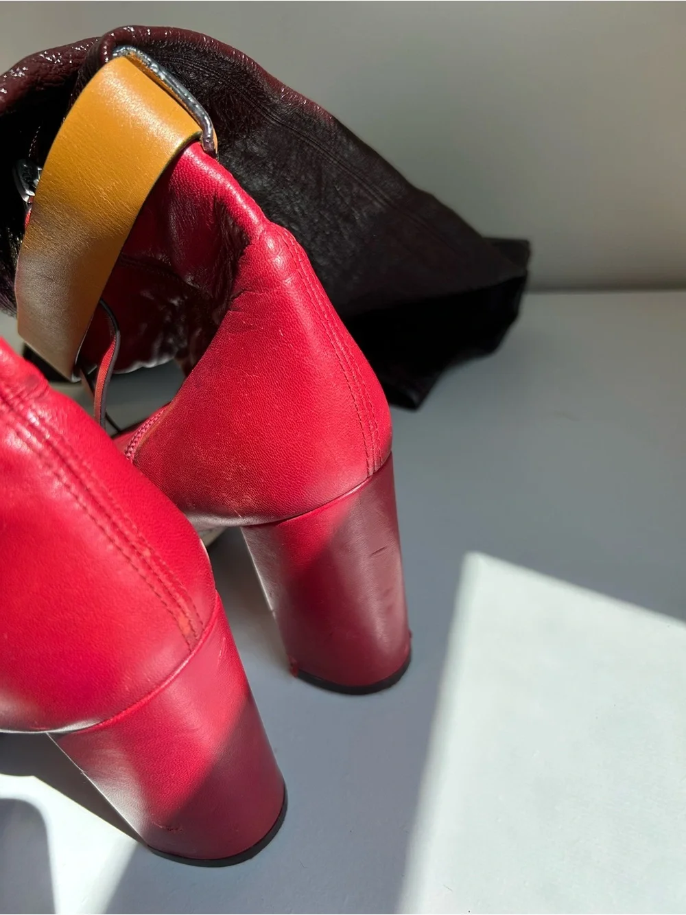 Stuart Weitzman Red Brown Patent Leather Belted Knee-High Boots